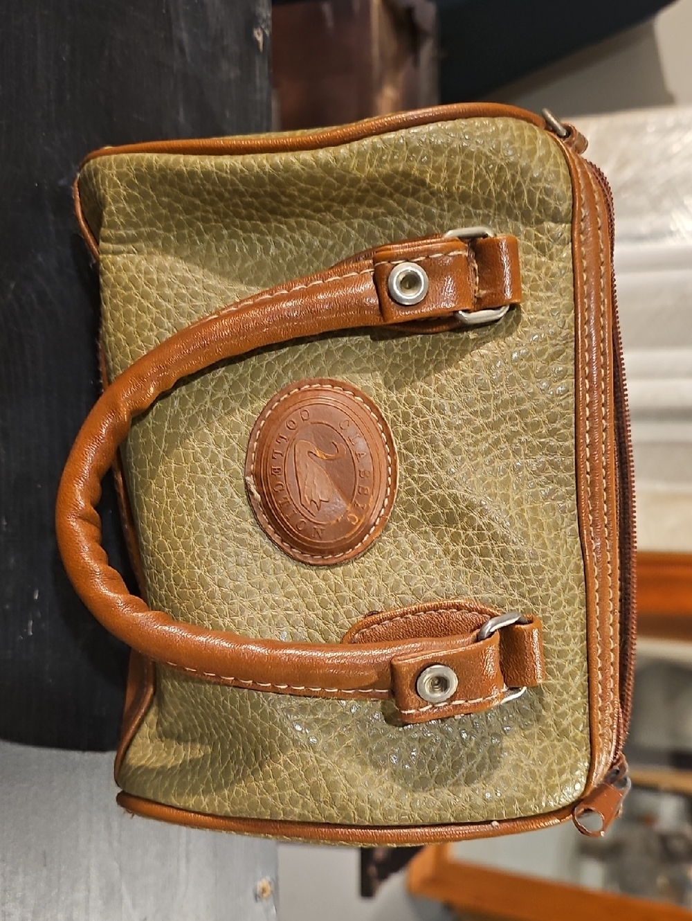 Olive Green & Tan Leather Accent Satchel